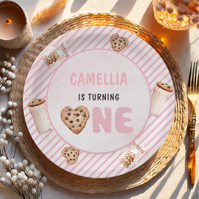 Milk and Cookies Pink First Birthday Party Paper Plates (Creator Uploaded)