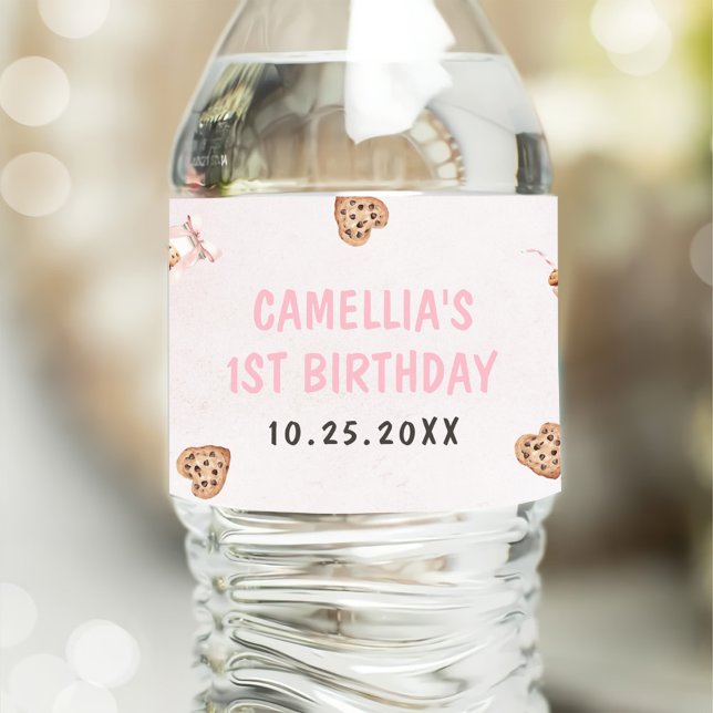 Milk and Cookies Pink First Birthday Party Water Bottle Label (Creator Uploaded)
