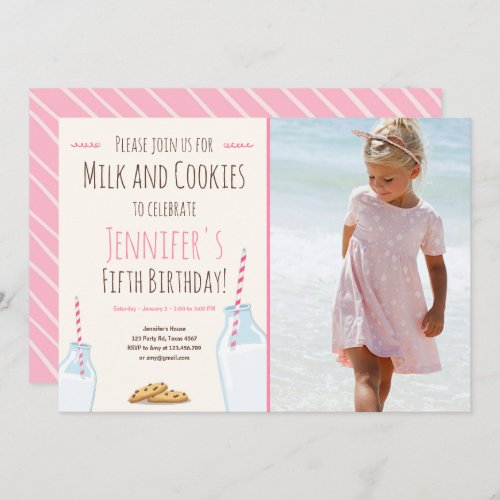 Milk and Cookies Pink Girl Birthday Party Invitation