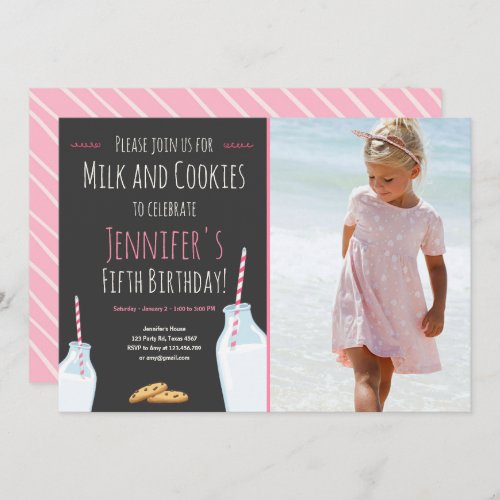 Milk and Cookies Pink Girl Birthday Party Invitation
