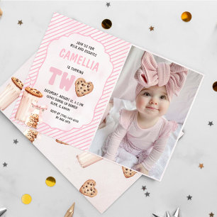 Milk and Cookies Pink Second Birthday Party Photo Invitation