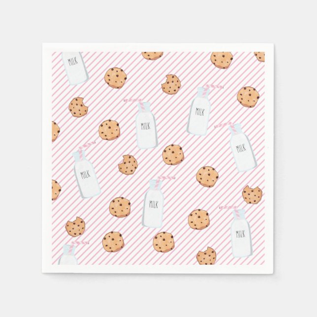 Milk and Cookies Pink stripes Birthday Party Napkins (Front)