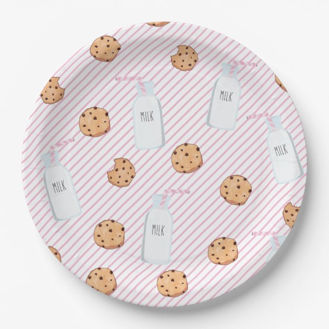 Milk and Cookies Pink stripes Birthday Party Paper Plates (Front)