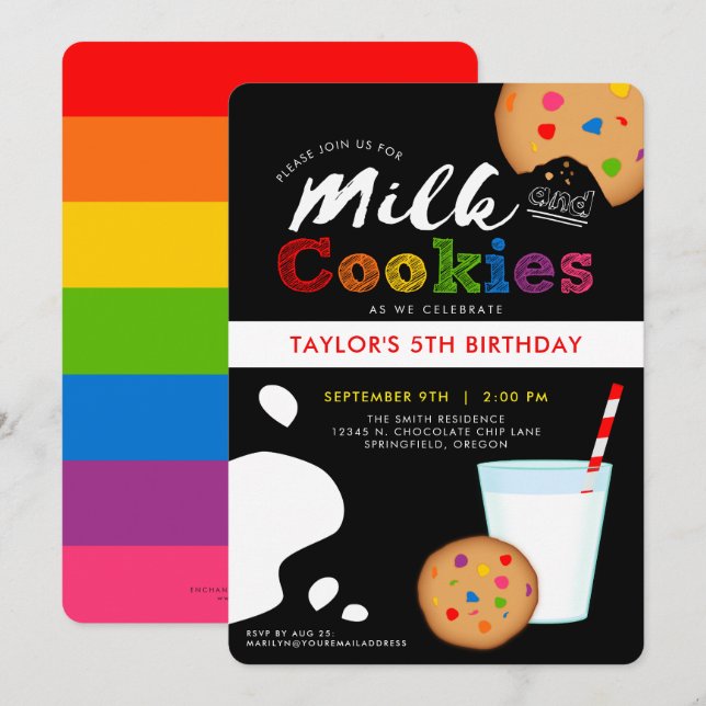 Milk and Cookies Rainbow Birthday Party Invitation (Front/Back)