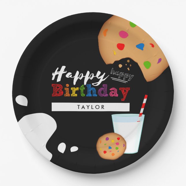 Milk and Cookies Rainbow Happy Birthday Paper Plates (Front)