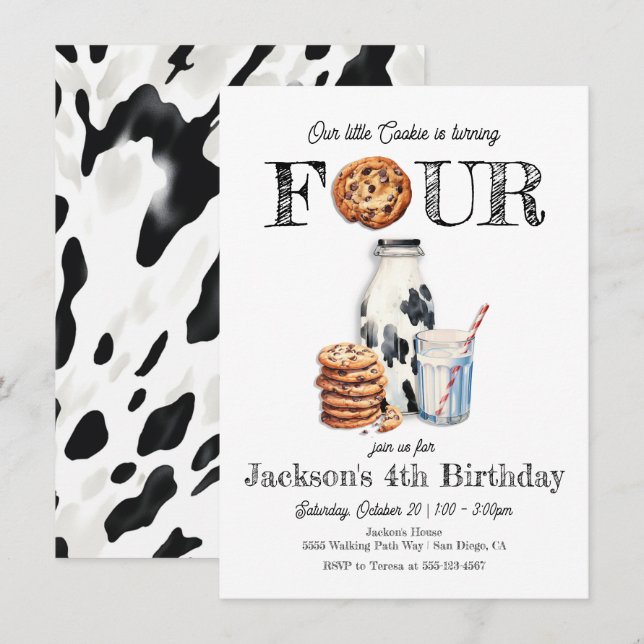 Milk and Cookies Turning four Birthday Party Invitation (Front/Back)