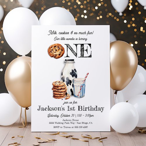 Milk and Cookies Turning One Birthday Party Invitation