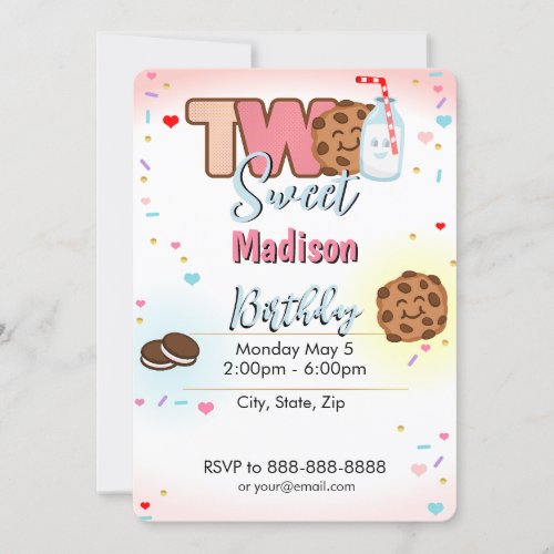 milk and cookies Two Sweet birthday Invitation