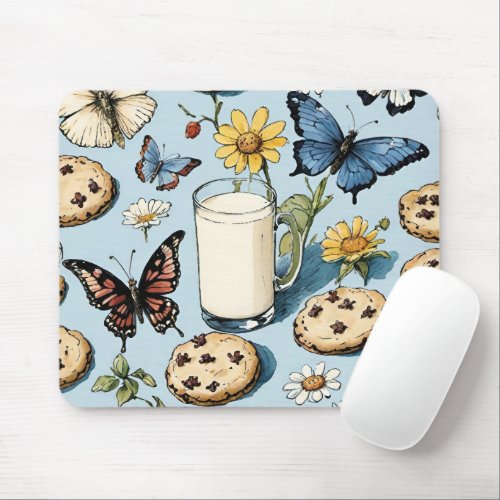 Milk and Cookies with Flowers and Butterflies Blue Mouse Pad