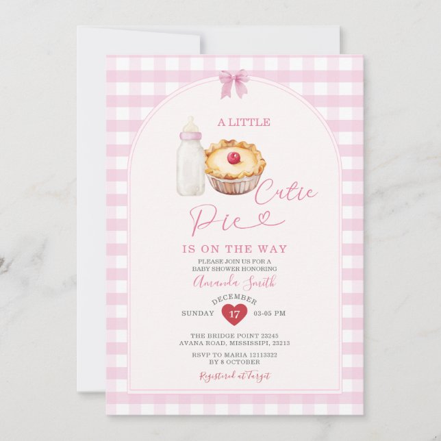 Milk Bottle Cutie Pie Pink Gingham Baby Shower Invitation (Front)