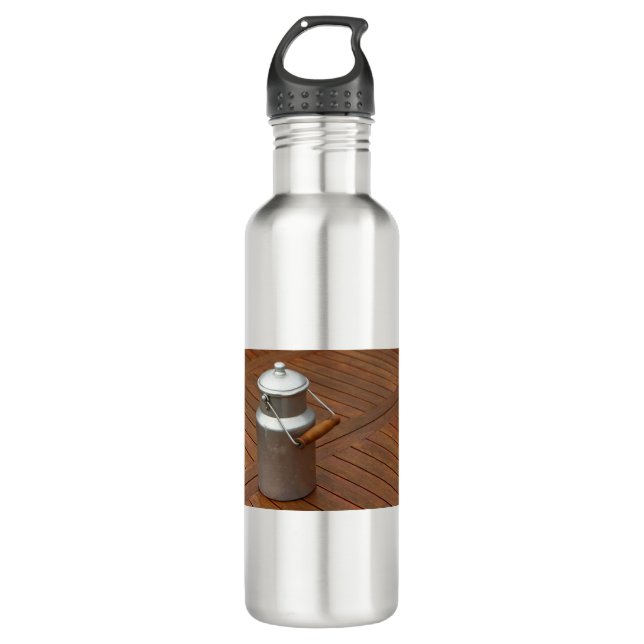 Milk can on a table stainless steel water bottle (Front)