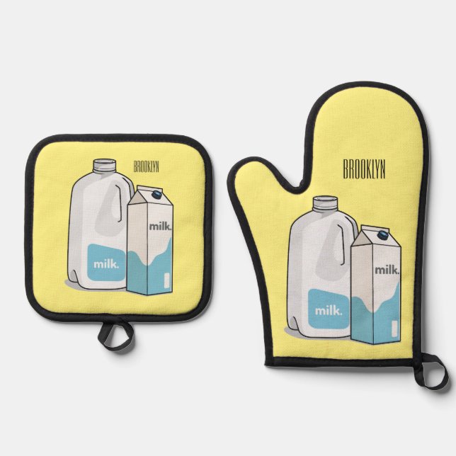 Milk cartoon illustration oven mitt & pot holder set (Front)