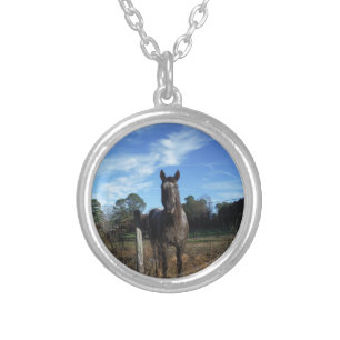 Milk Chocolate Brown Horse in Blue Silver Plated Necklace