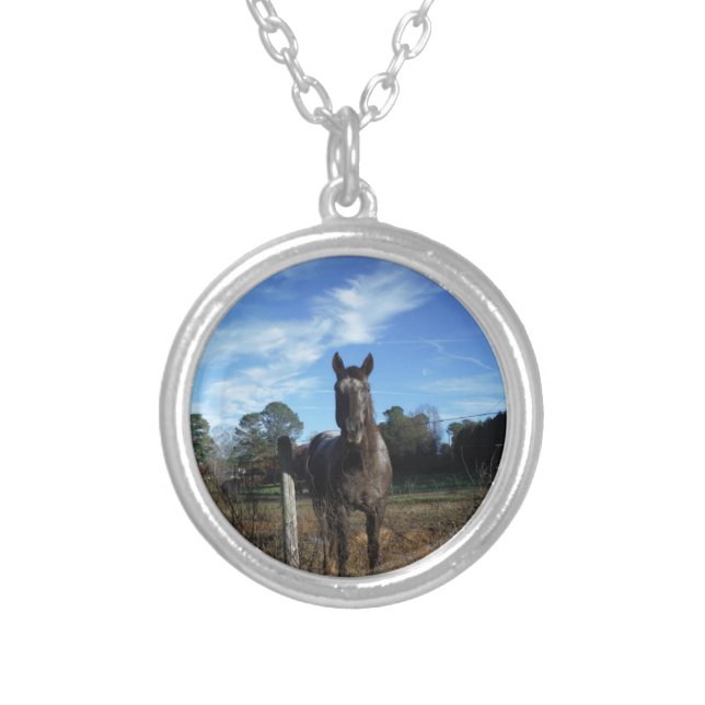 Milk Chocolate Brown Horse in Blue Silver Plated Necklace (Front)