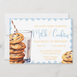 Milk & Cookie Birthday Blue Plaid Boy 1st Birthday Invitation