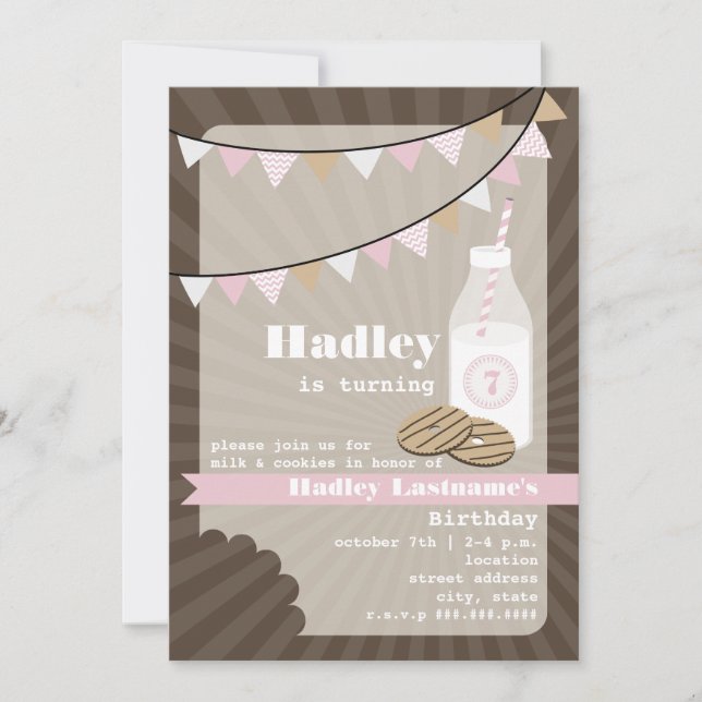 Milk & Cookies Birthday - Fudge Striped & Pink Invitation (Front)