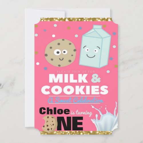 Milk  Cookies Pink  Gold Glitter  1st Birthday Invitation