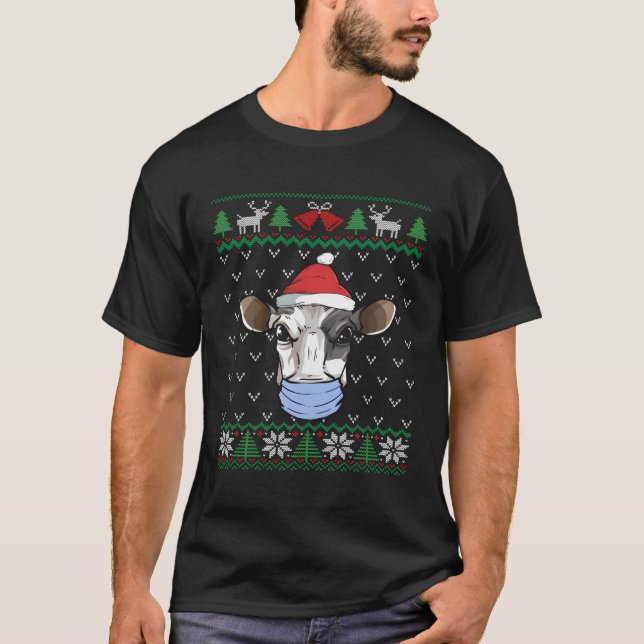 Milk Cow Face Mask Dairy Cow Santa Ugly Christmas T-Shirt (Front)