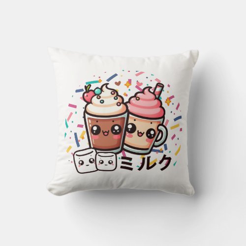 Milk drinks with marshmallows anime throw pillow