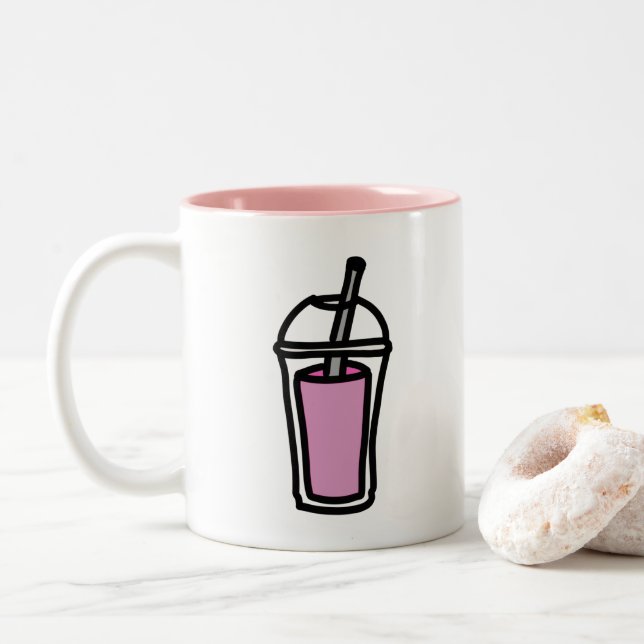 Milk Tea pink bubble tea Two-Tone Coffee Mug (With Donut)
