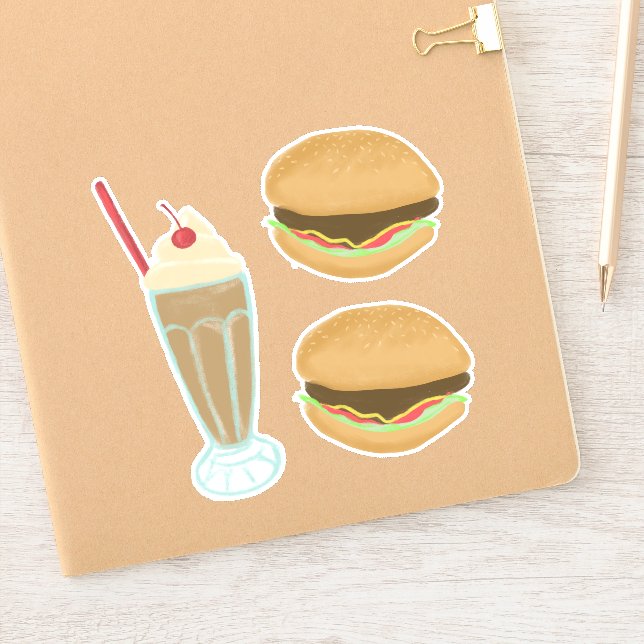 Milkshake and 2 Hamburger Drawing Art Sticker (Notebook)