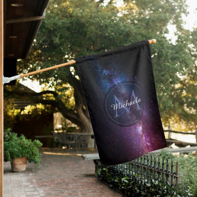 Milky way bright colors personalizable monogram house flag (In SItu)