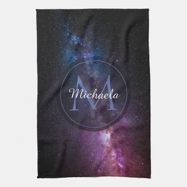 Milky way bright colors personalizable monogram kitchen towel (Vertical)