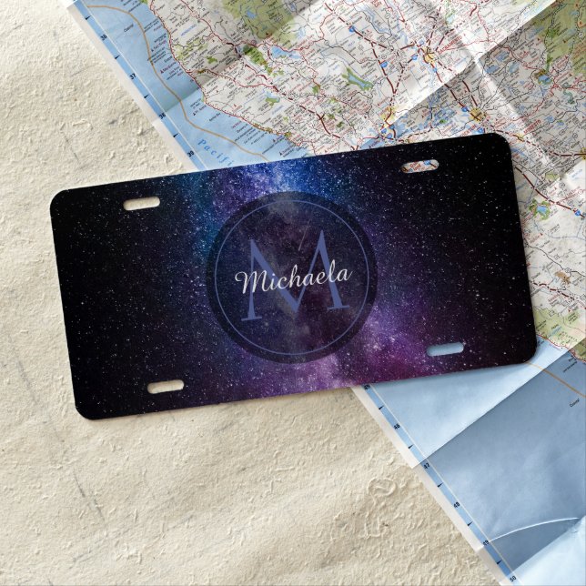 Milky way bright colors personalizable monogram license plate (In Situ)
