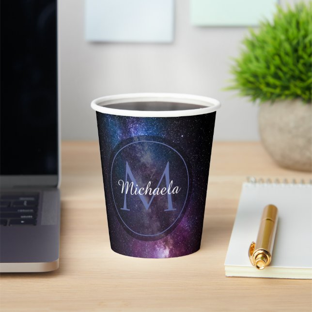 Milky way bright colors personalizable monogram paper cups (Insitu)