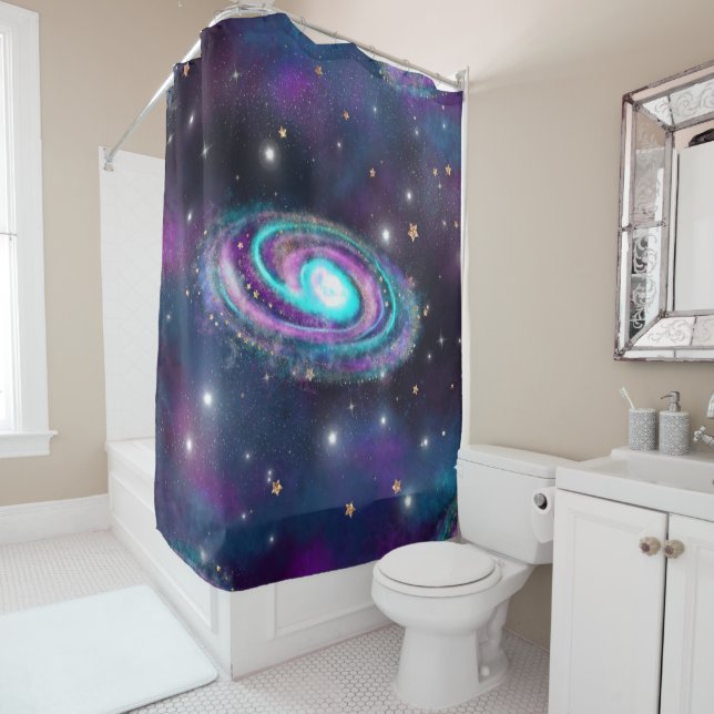 Milky Way Galaxy | Cosmic Blue Purple Pink Glow Shower Curtain (In Situ)