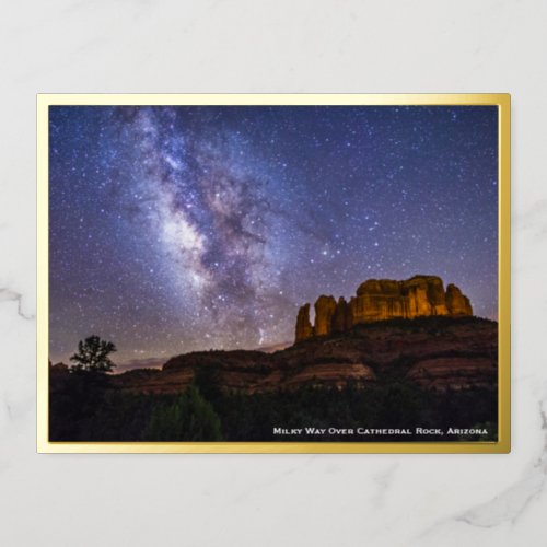 Milky Way Galaxy Over Cathedral Rock Arizona Gold Foil Invitation Postcard