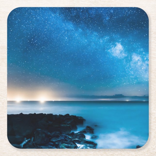 Milky Way Galaxy Over Fishing Boats Square Paper Coaster (Front)