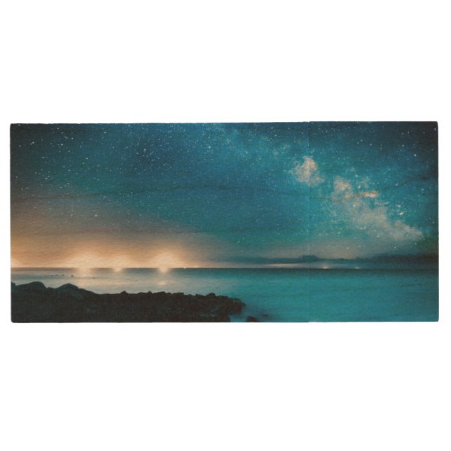 Milky Way Galaxy Over Fishing Boats Wood USB Flash Drive (Front)