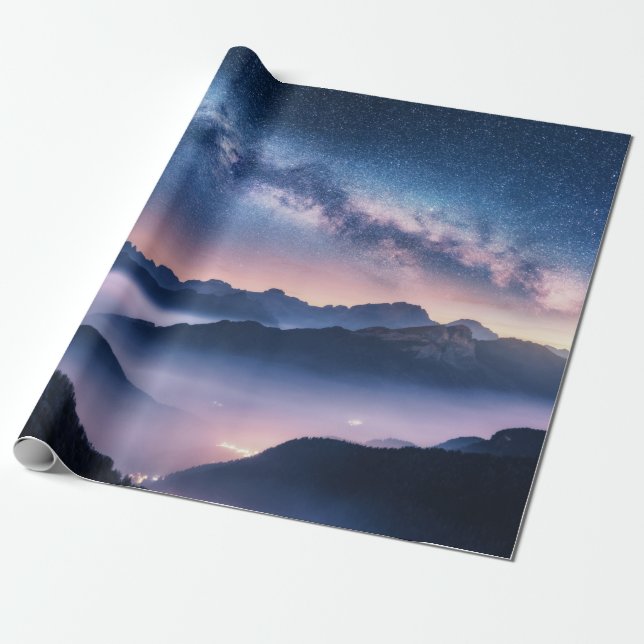 Milky Way over mountains in fog at night in summer Wrapping Paper (Unrolled)