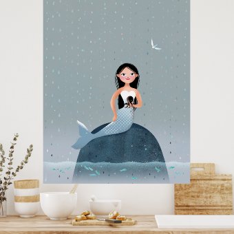 Milla Mermaid sitting in rain kid's illustration Poster | Zazzle