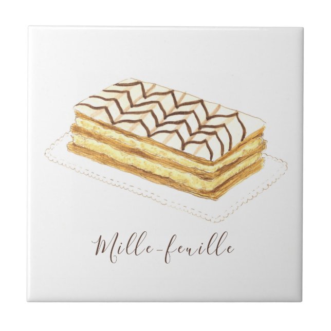 Mille-feuille pastry watercolor ceramic tile (Front)
