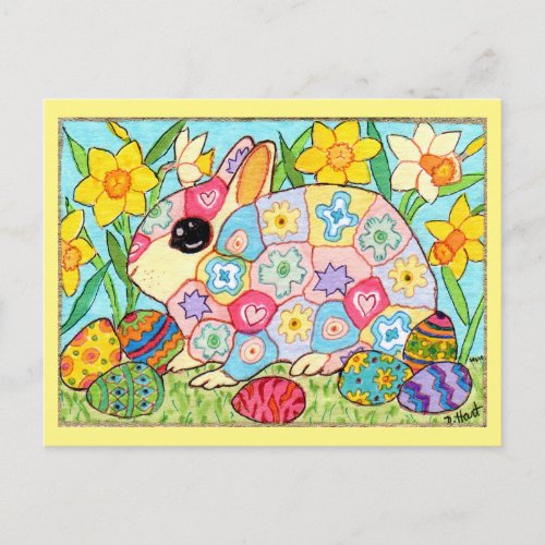 Millefiori Bunny with Festive Eggs Folk Art Easter Holiday Postcard