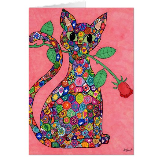 Millefiori Cat with Red Rose Cards (Front)