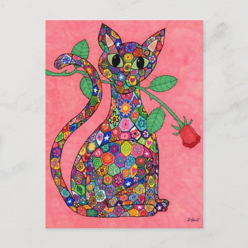 Millefiori Cat with Red Rose Postcard