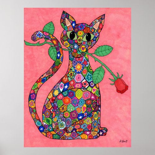 Millefiori Cat with Red Rose Poster