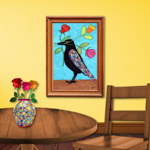 Millefiori Crow with Colorful Roses Folk Art Poster