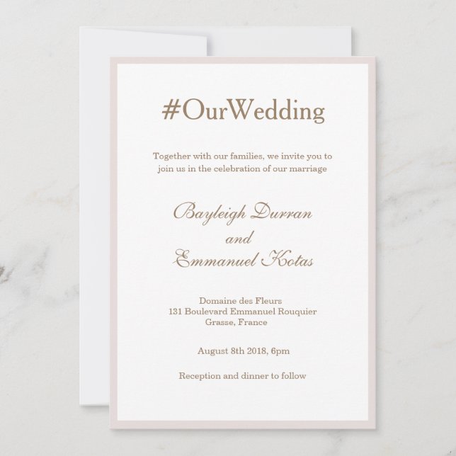 Millennial Hashtag Blush Pink Gold White Wedding Invitation (Front)