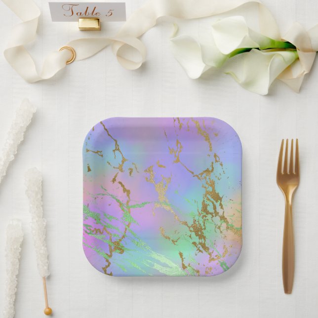 Millennial Marble | Playful Rainbow Pastel Ombre Paper Plates (Wedding)