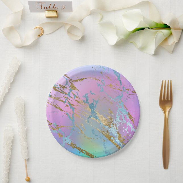 Millennial Marble | Playful Rainbow Pastel Ombre Paper Plates (Wedding)