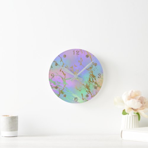 Millennial Marble  Playful Rainbow Pastel Ombre Round Clock