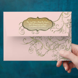 Millennial Pink and Gold Swirl Wedding Envelope