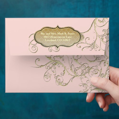 Millennial Pink and Gold Swirl Wedding Envelope