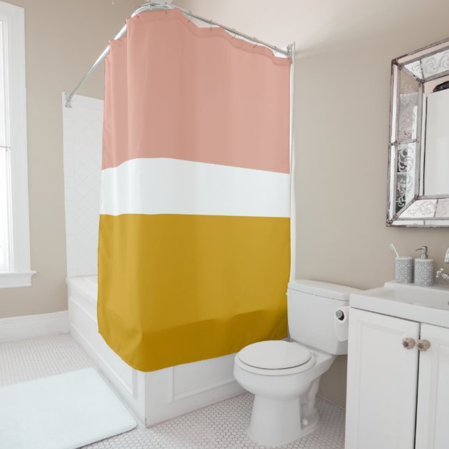 Millennial Pink Mustard Gold Color Block Stripe Shower Curtain (In Situ)