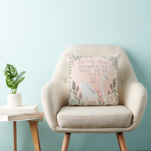 Millennial Pink Swan Baby Girl Stats Birth Record Throw Pillow