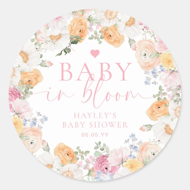 Millie Floral Baby In Bloom Baby Shower Classic Round Sticker (Front)